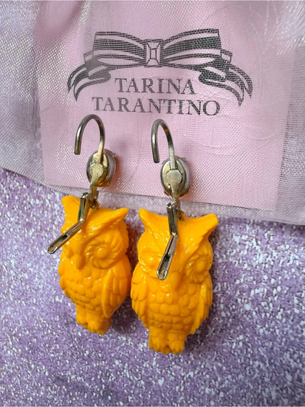 Rare Tarina Tarantino Vintage Owl Yellow Lucite Topaz Crystal Leverback Earrings